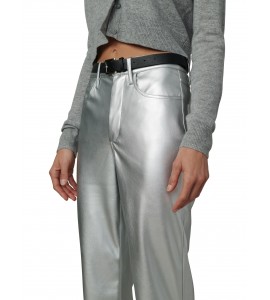 Women's Silver High Waist Straight Leather Pants
