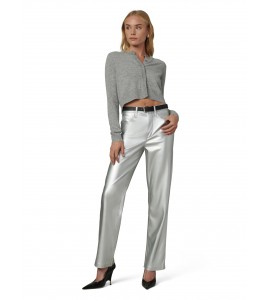 Women's Silver High Waist Straight Leather Pants